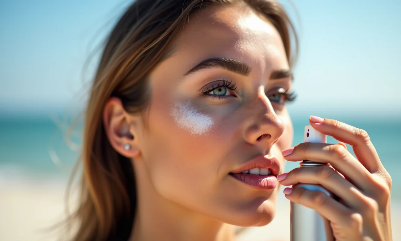 Mulher aplicando fixador de maquiagem para garantir a durabilidade na praia.