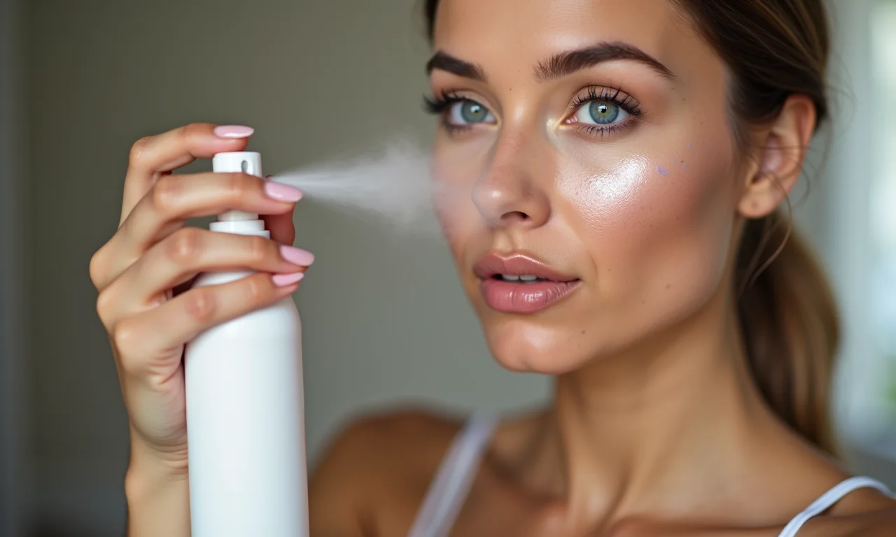 Mulher aplicando fixador de maquiagem para garantir a durabilidade.