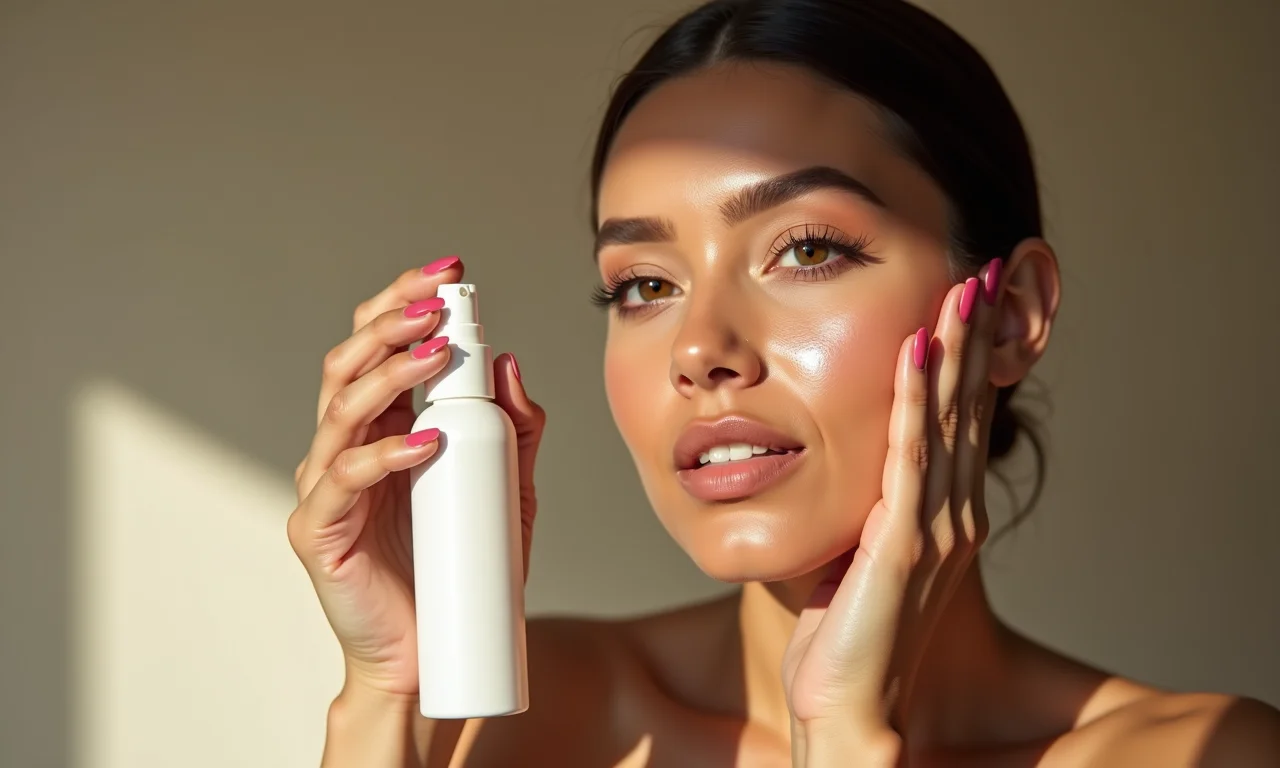 Mulher aplicando fixador de maquiagem.