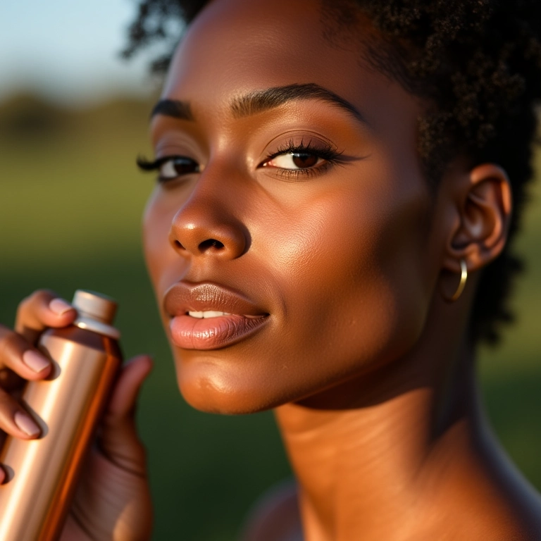 Mulher aplicando fixador mineral para finalizar a maquiagem, pele radiante.