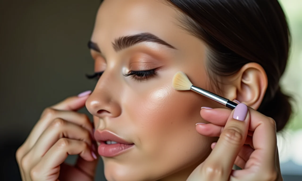 Mulher aplicando iluminador nas maçãs do rosto após o baking.