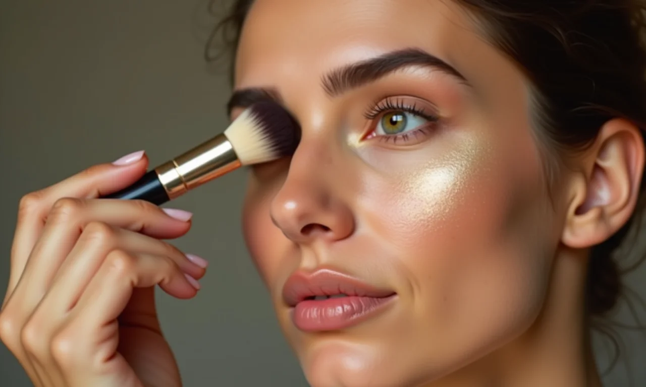 Mulher aplicando iluminador nas maçãs do rosto para um brilho radiante.