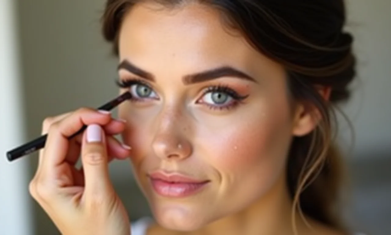 Mulher aplicando iluminador no canto interno dos olhos e abaixo da sobrancelha para realçar o foxy eyes.