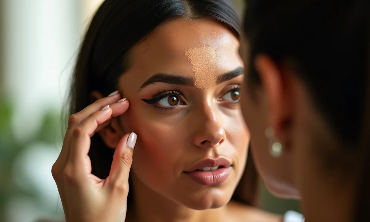 Mulher aplicando iluminador no centro da testa.