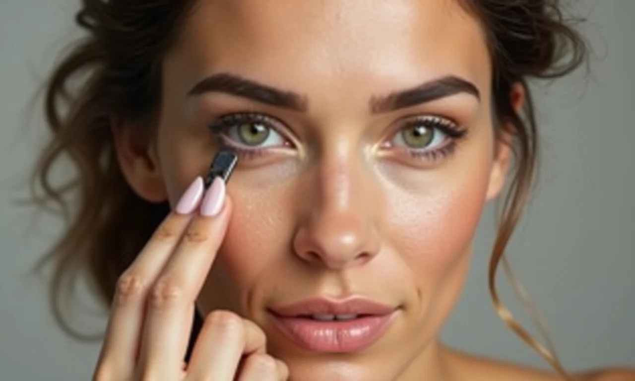 Mulher aplicando iluminador para um brilho sutil.