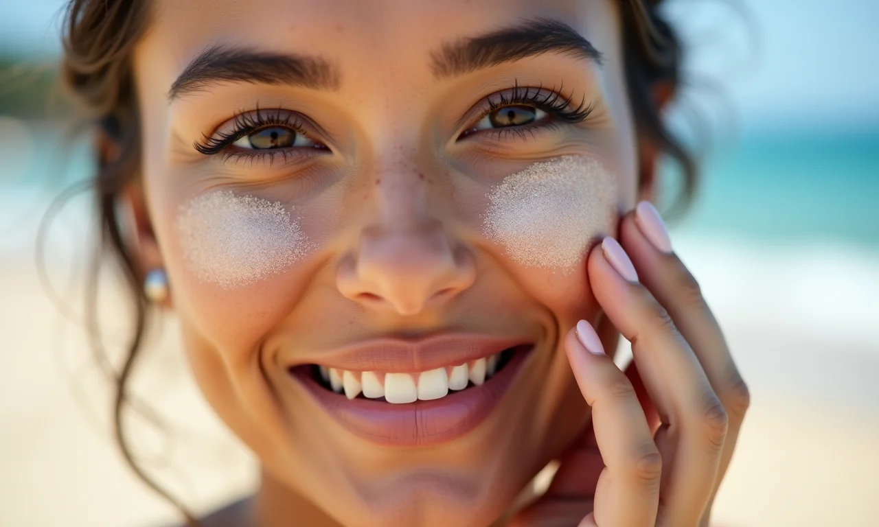 Mulher aplicando iluminador para um glow natural na praia.