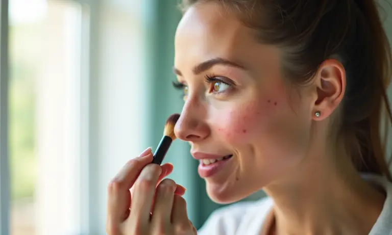 Mulher aplicando maquiagem suave para rosácea em banheiro iluminado.