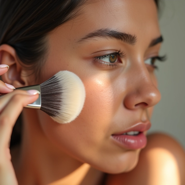 Mulher aplicando pó compacto oil-free para pele perfeita.