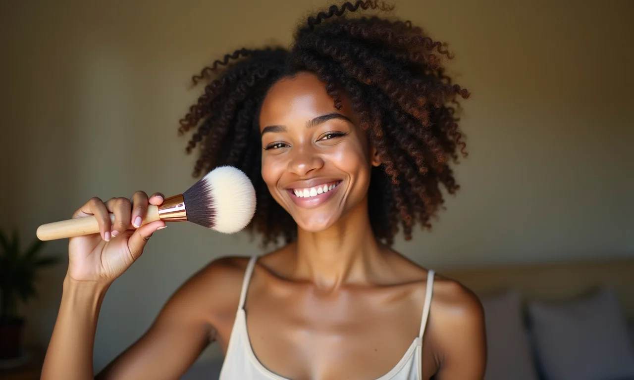 Mulher aplicando pó facial com pincel macio.