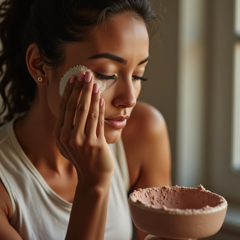 Mulher aplicando pó mineral para uma pele saudável.