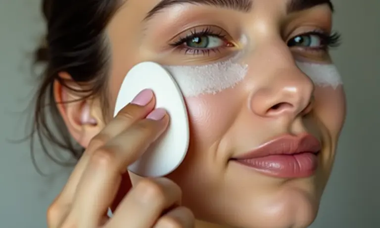 Mulher aplicando pó translúcido no rosto com esponja para técnica de baking.
