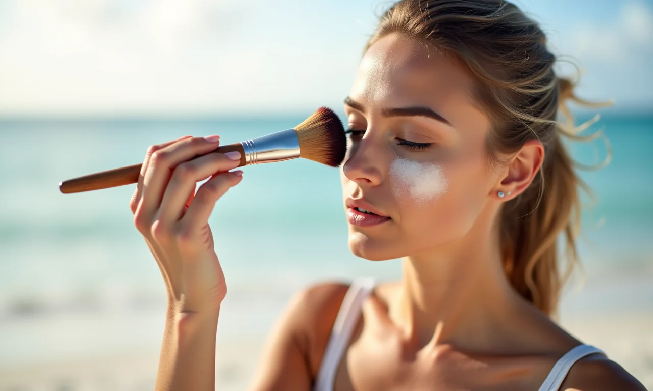 Mulher aplicando pó translúcido para selar a maquiagem na praia.