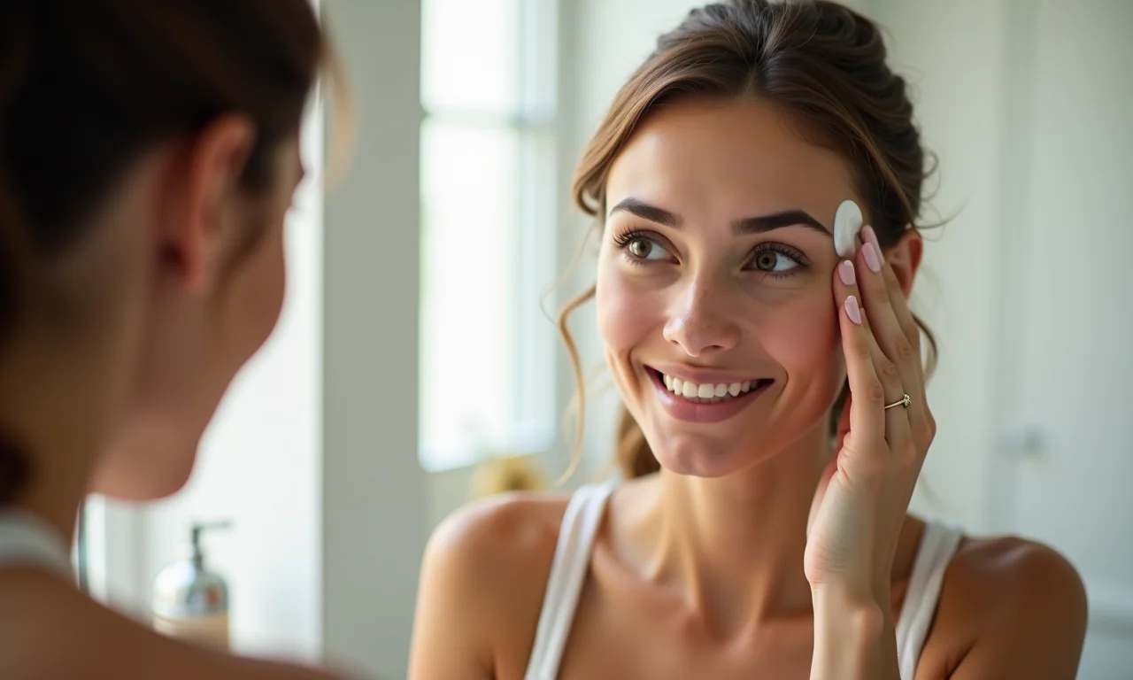 Mulher aplicando primer calmante no rosto com rosácea.