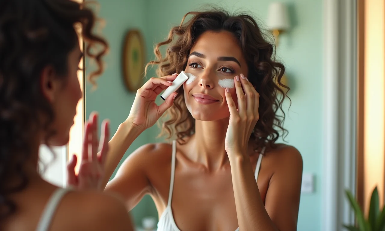 Mulher aplicando primer com proteção solar antes da maquiagem.
