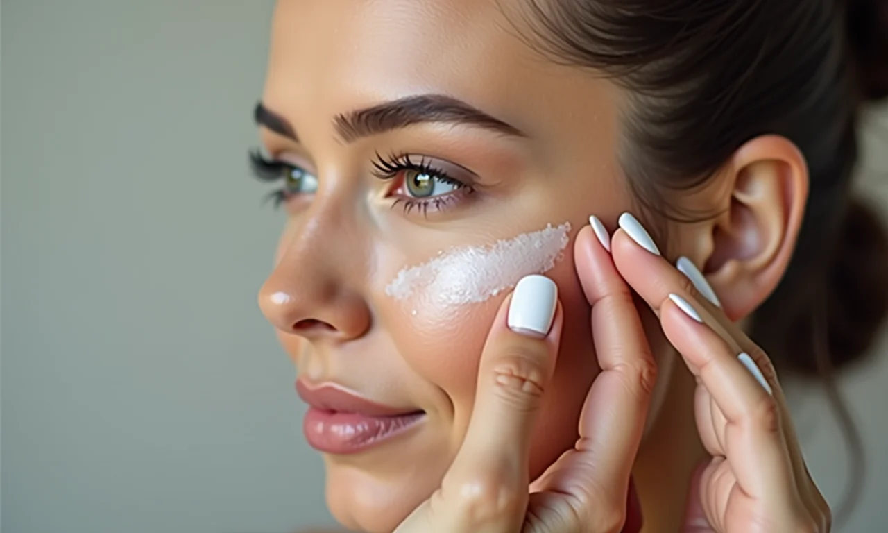 Mulher aplicando primer no rosto para uniformizar a pele antes da maquiagem.
