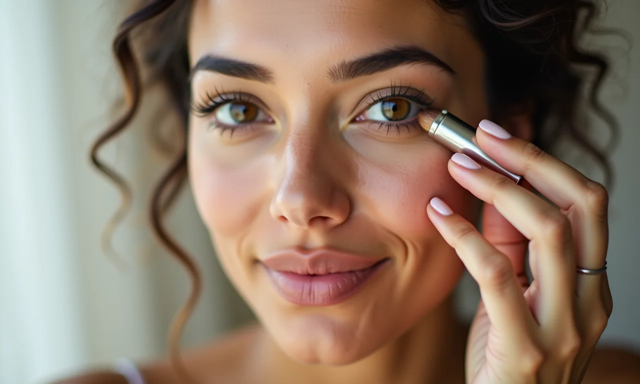 Mulher aplicando primer nos olhos.