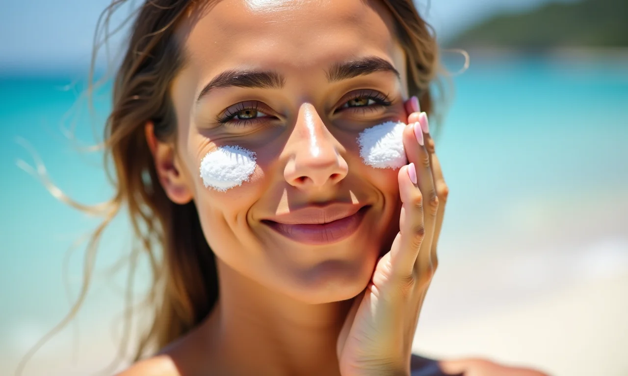 Mulher aplicando protetor solar no rosto na praia, cuidando da pele antes da maquiagem.