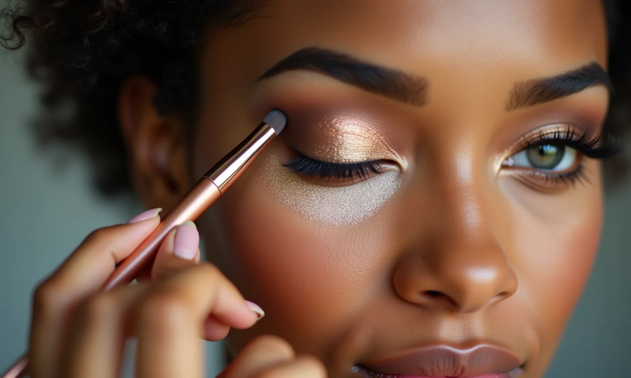 Mulher aplicando sombra clara e cintilante.