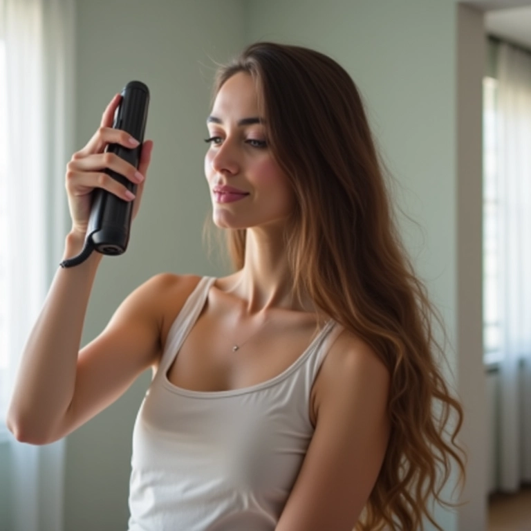 Mulher aplicando spray fixador com proteção térmica antes de usar chapinha em casa.