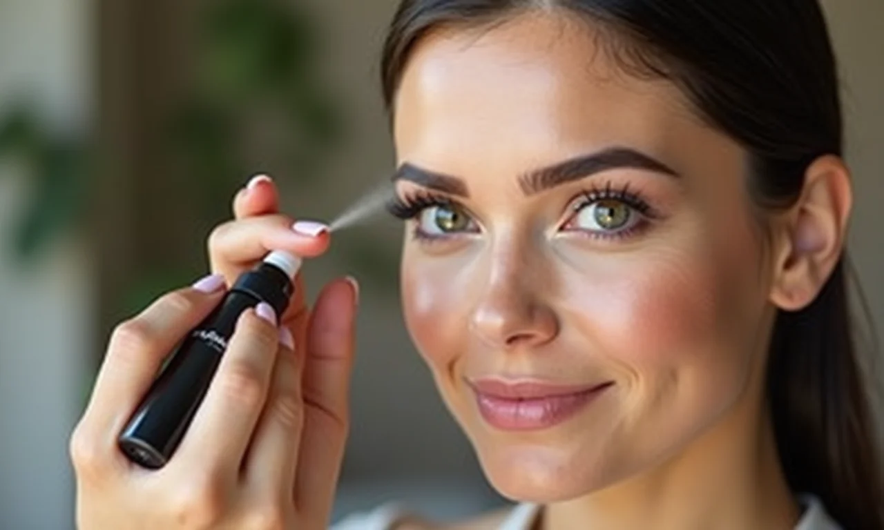 Mulher aplicando spray fixador de maquiagem.