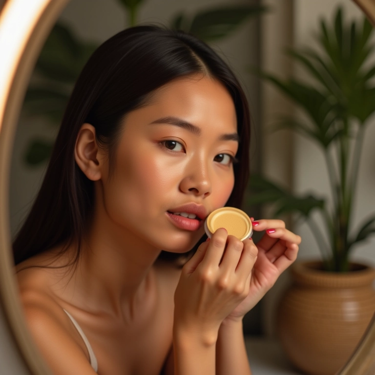 Mulher asiática uniformizando o tom da pele com pó com cor.