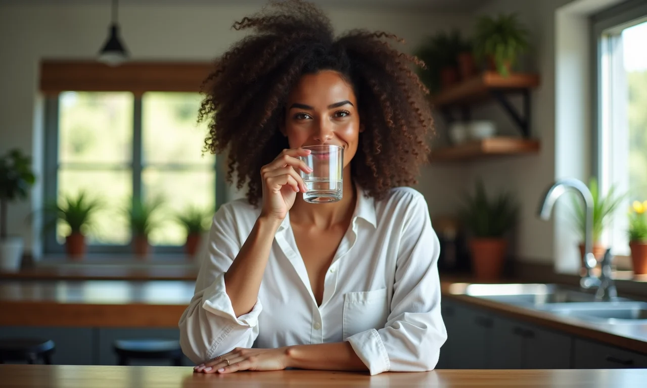 Mulher bebendo água para hidratar a pele.