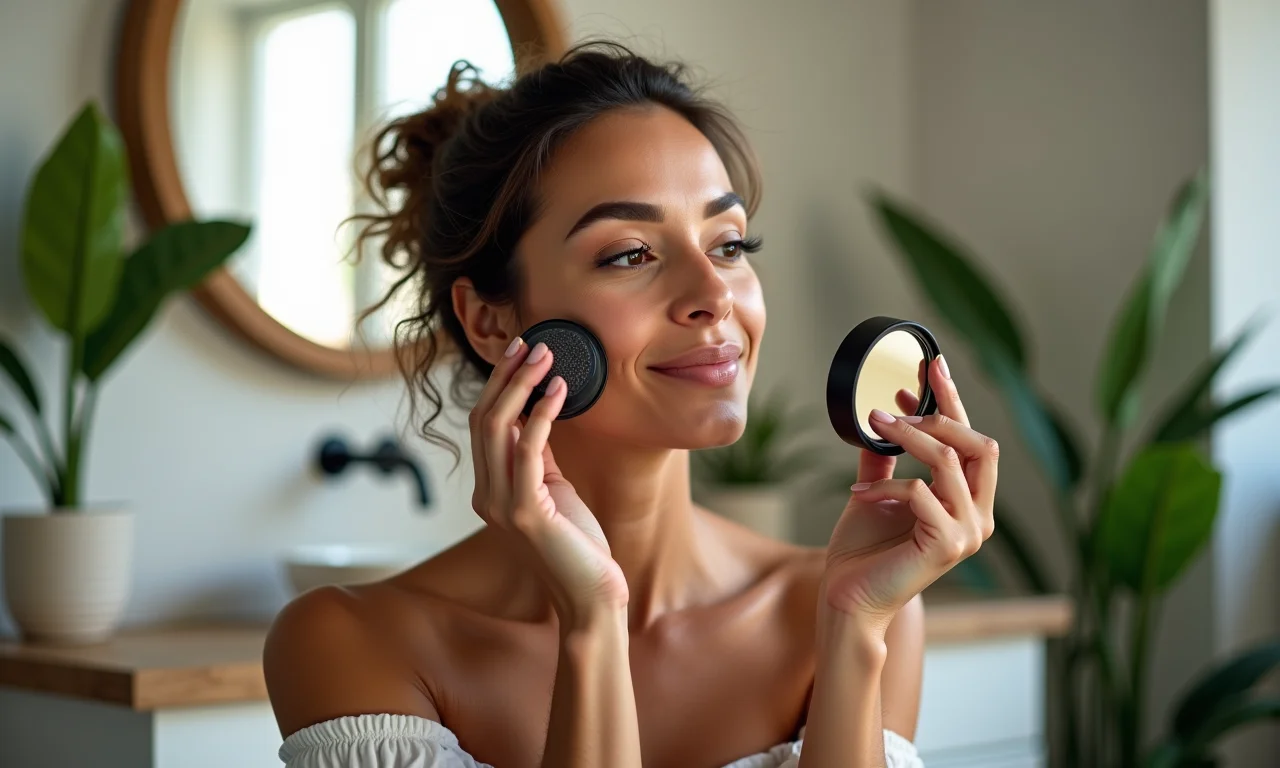 Mulher brasileira aplicando base cushion em banheiro moderno e iluminado.