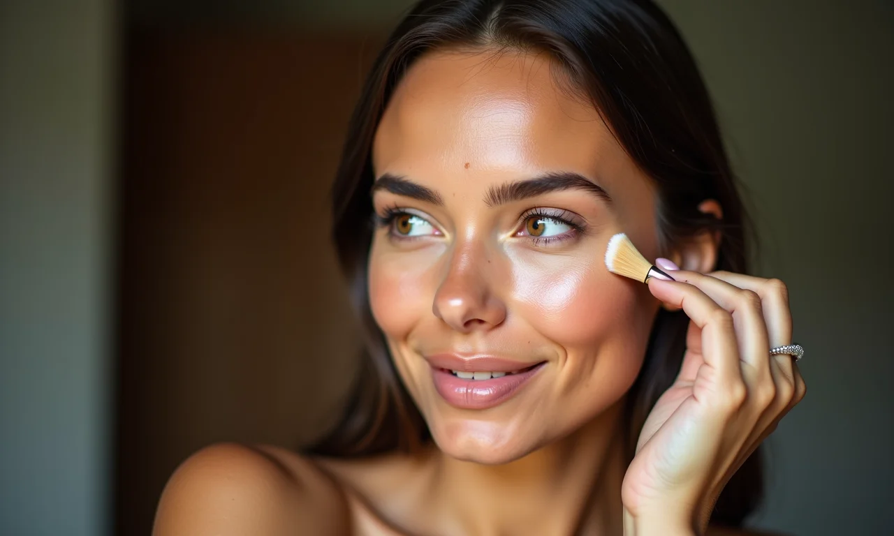 Mulher brasileira aplicando base leve para uma pele iluminada.