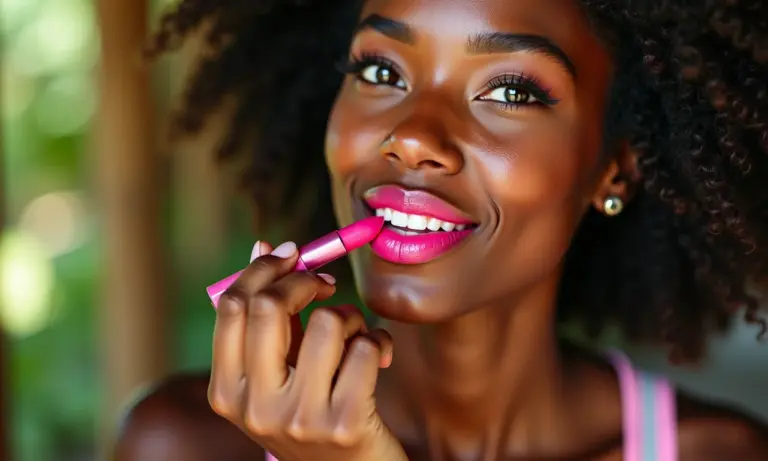 Mulher brasileira aplicando batom vegano colorido.