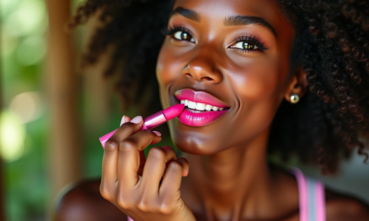 Mulher brasileira aplicando batom vegano colorido.