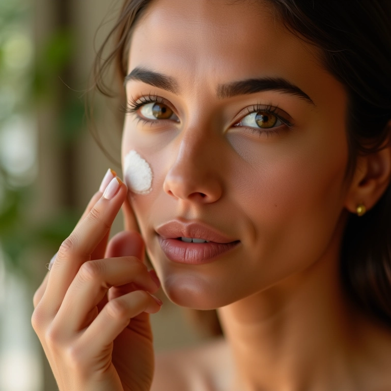 Mulher brasileira aplicando BB cream oil-free.