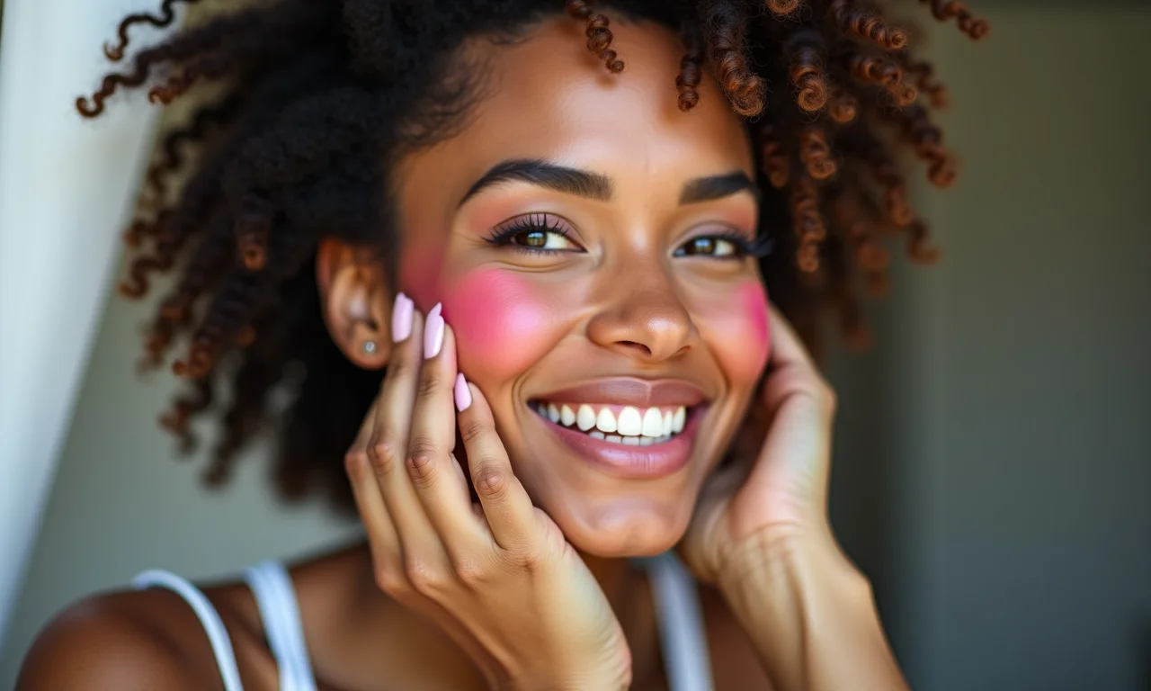 Mulher brasileira aplicando blush rosado nas bochechas.