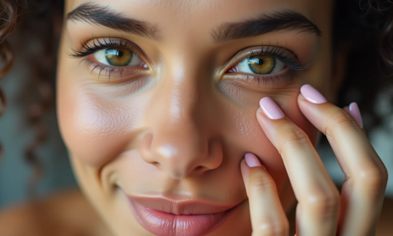 Mulher brasileira aplicando corretivo em espinha, pele impecável.