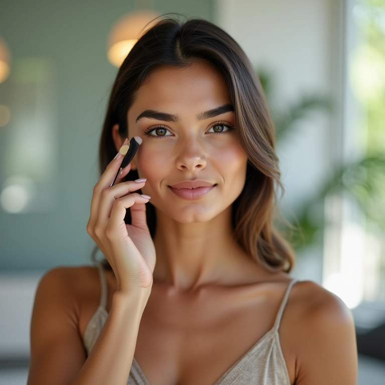 Mulher brasileira aplicando corretivo no escritório com luz natural.