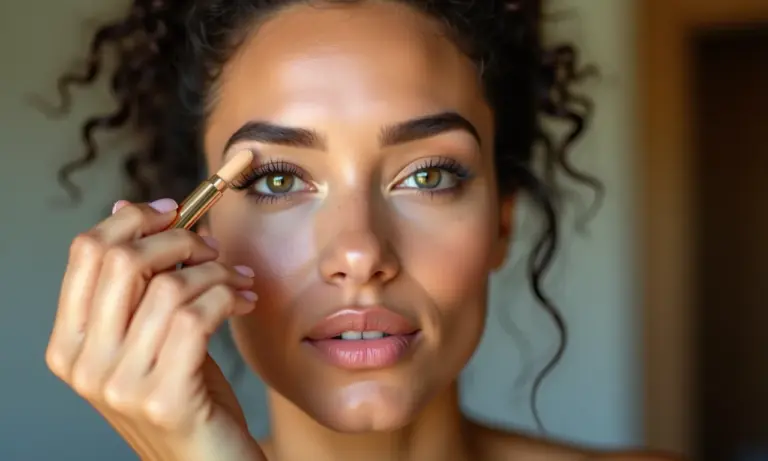 Mulher brasileira aplicando corretivo para olheiras com pele perfeita.