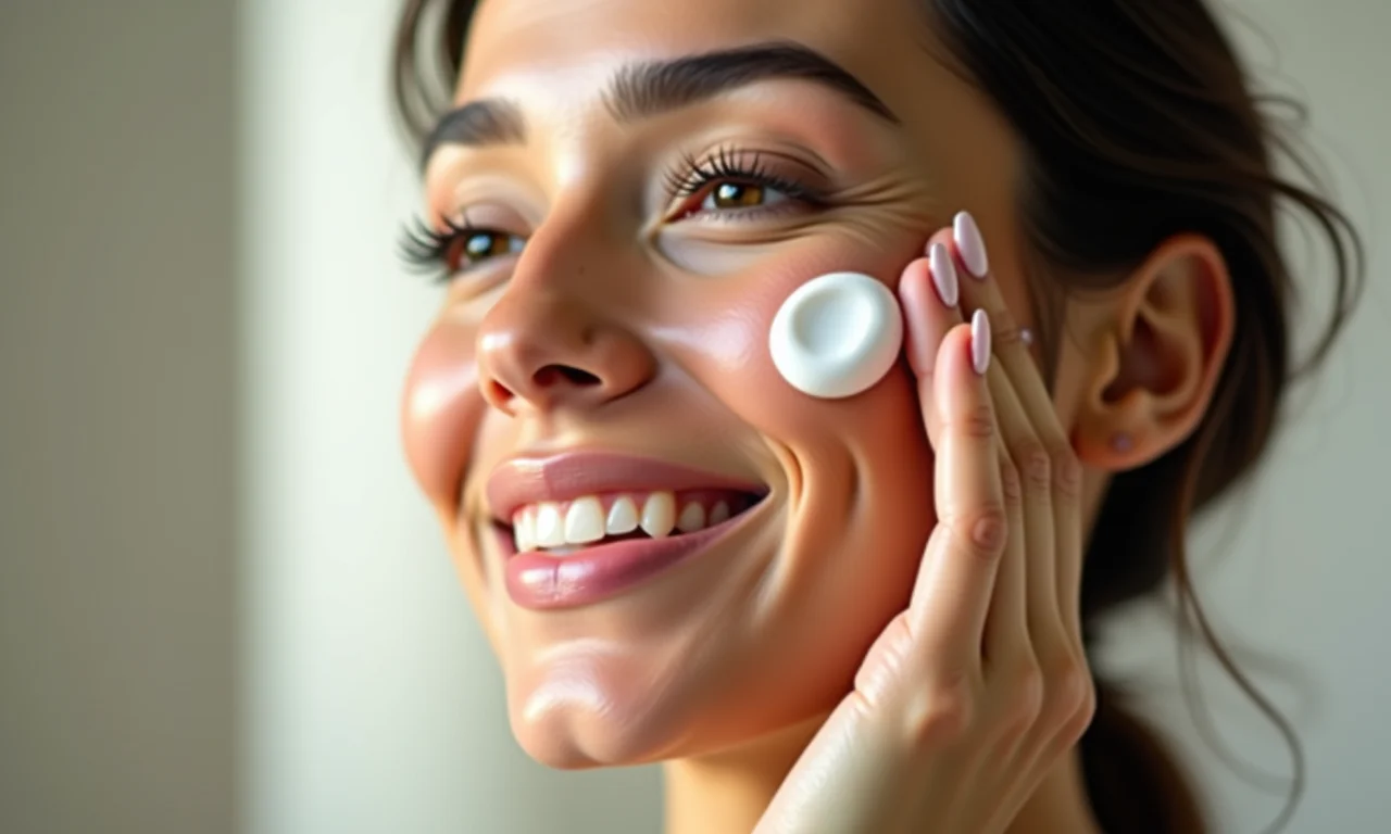 Mulher brasileira aplicando hidratante no rosto.