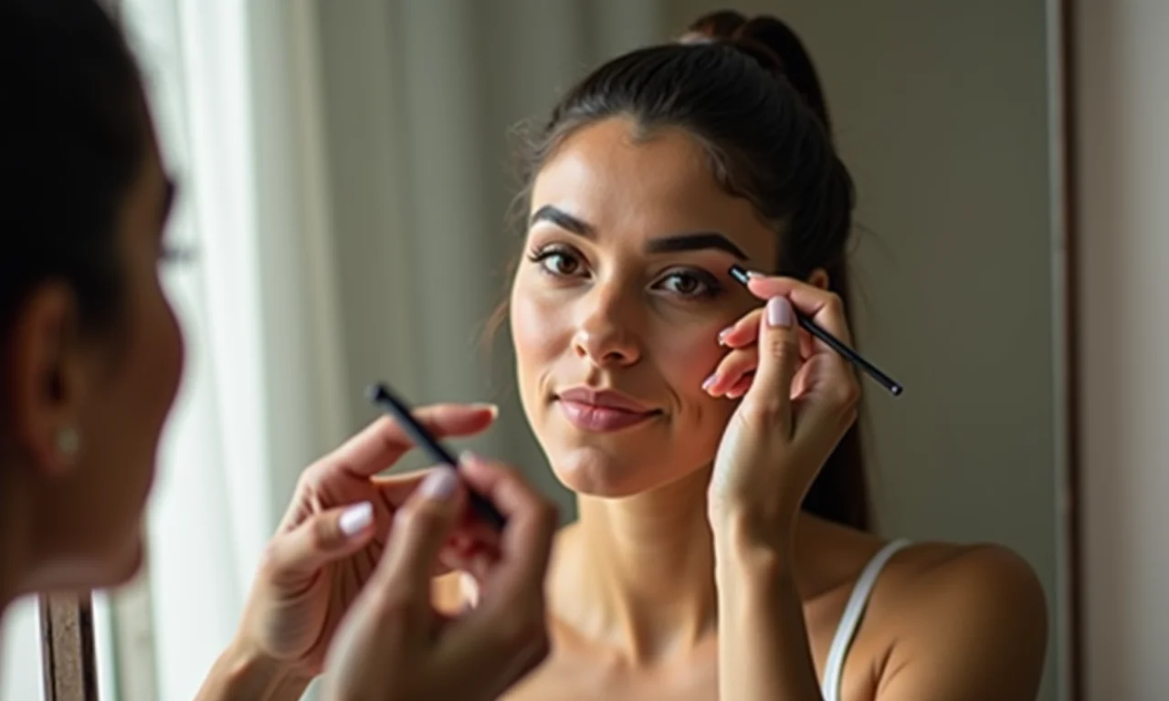 Mulher brasileira aplicando lápis de sobrancelha em frente ao espelho.