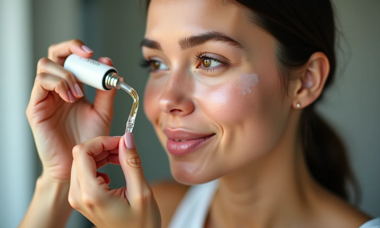 Mulher brasileira aplicando sérum para skincare.