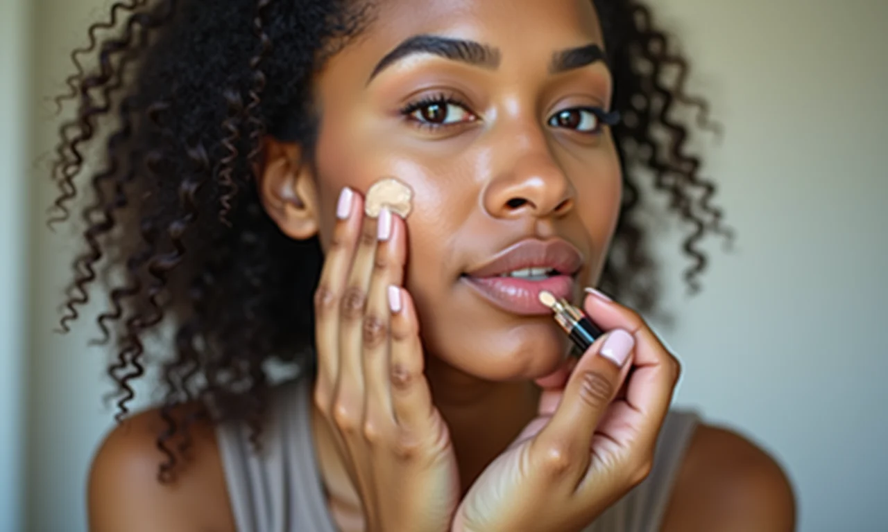 Mulher brasileira aplicando uma pequena quantidade de corretivo no rosto.