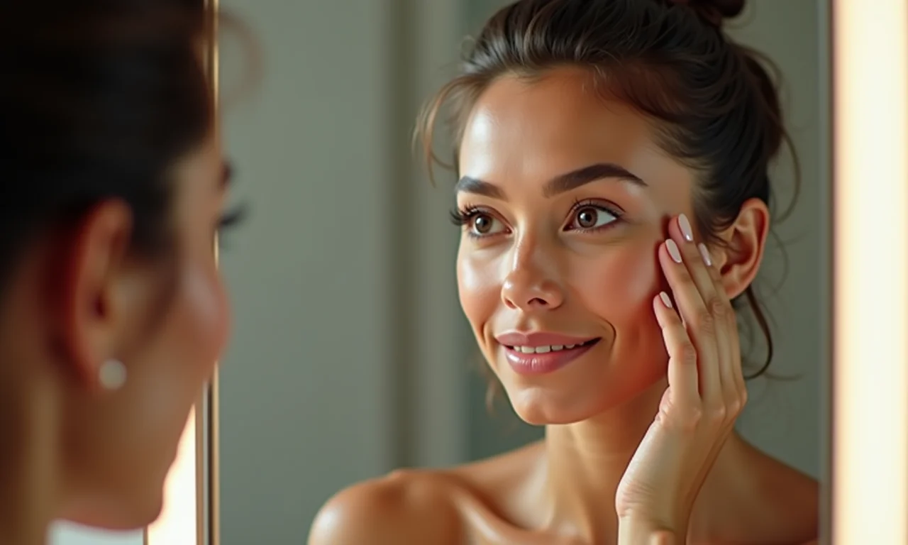 Mulher brasileira checando a durabilidade do corretivo após 8 horas.
