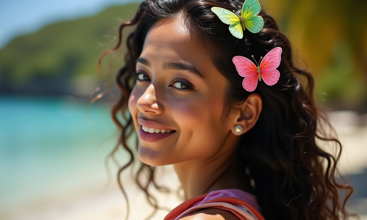 Mulher brasileira com acessórios de cabelo coloridos estilo Y2K.