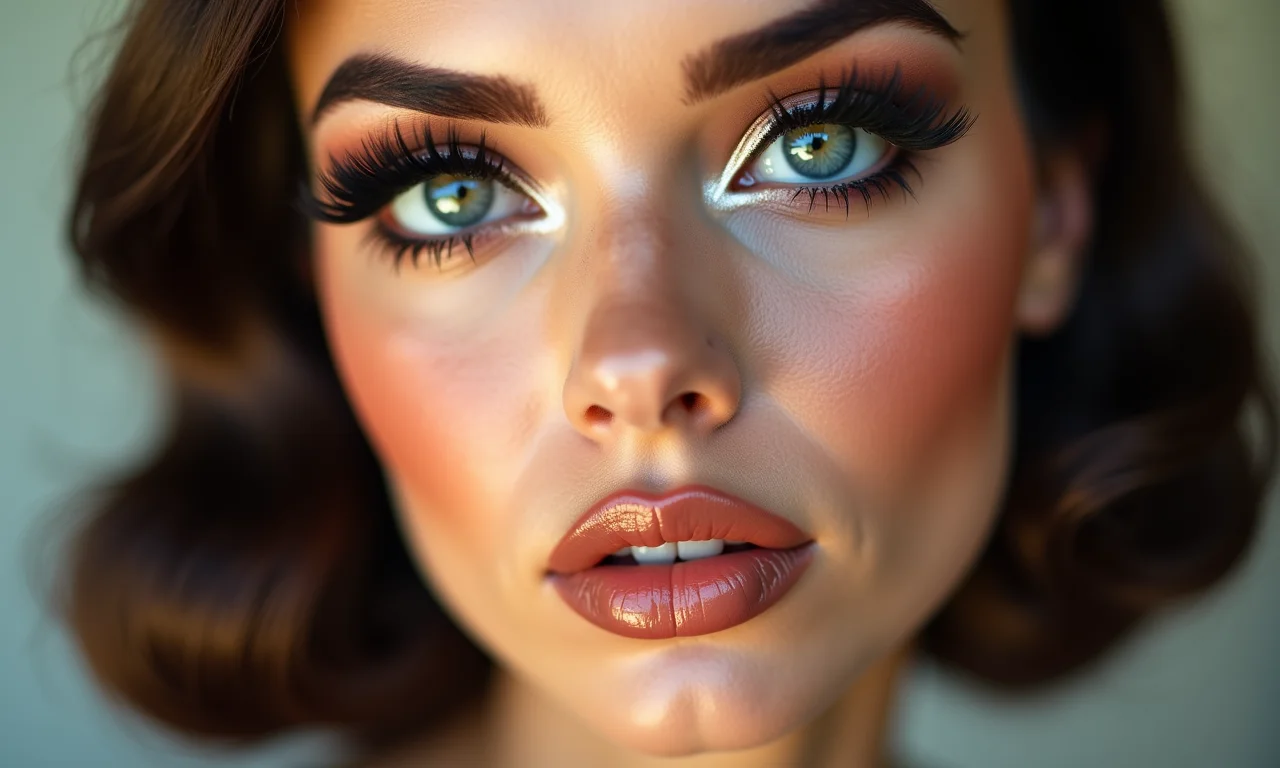 Mulher brasileira com maquiagem estilo boneca dos anos 60, delineado gatinho perfeito e côncavo marcado.