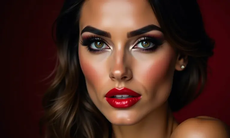 Mulher brasileira com maquiagem femme fatale e batom vermelho.