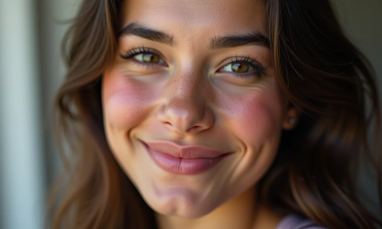 Mulher brasileira com maquiagem natural e bochechas rosadas.
