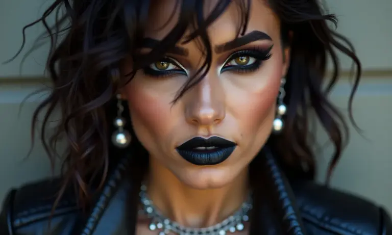 Mulher brasileira com maquiagem rock pesada, jaqueta de couro e acessórios prateados.