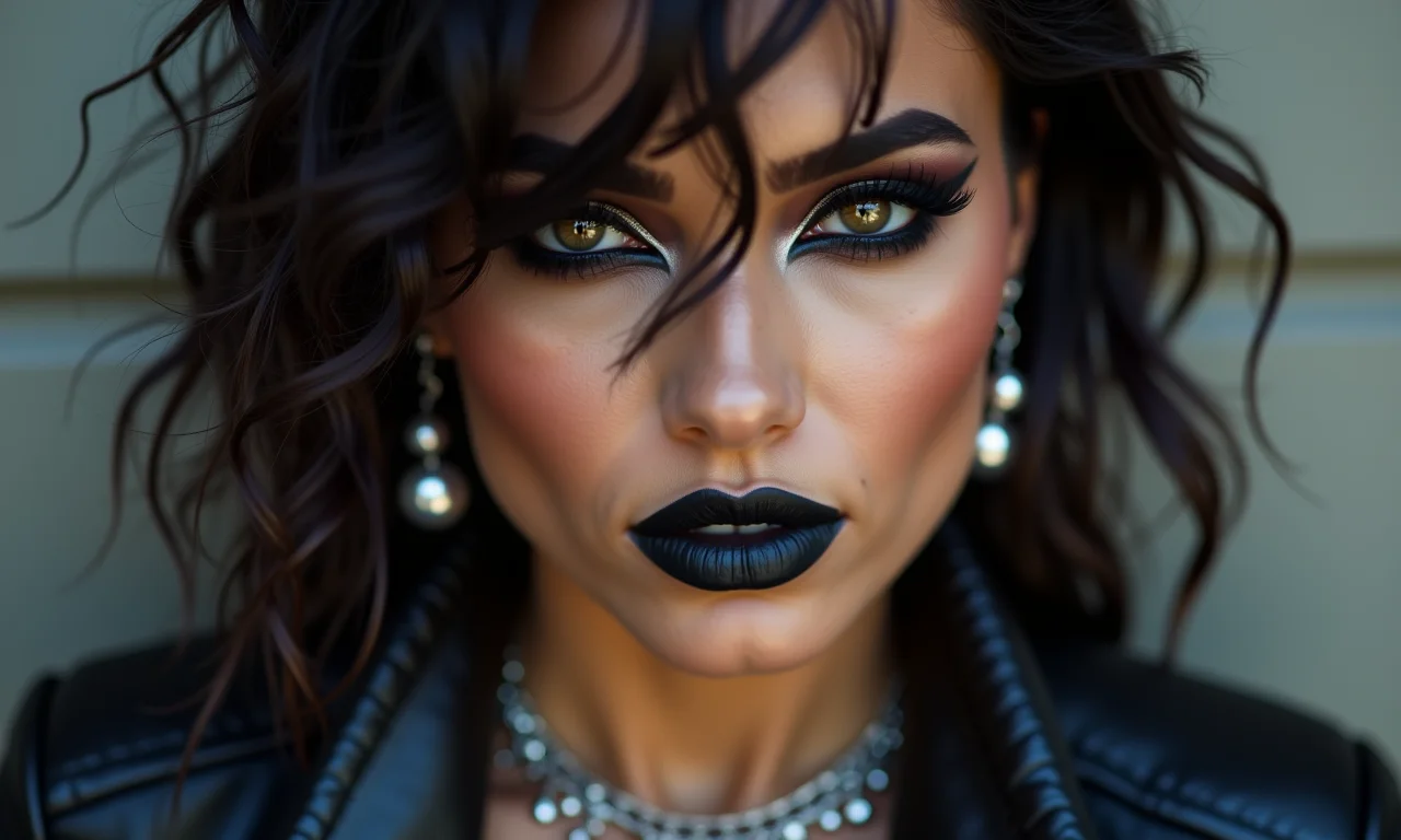 Mulher brasileira com maquiagem rock pesada, jaqueta de couro e acessórios prateados.