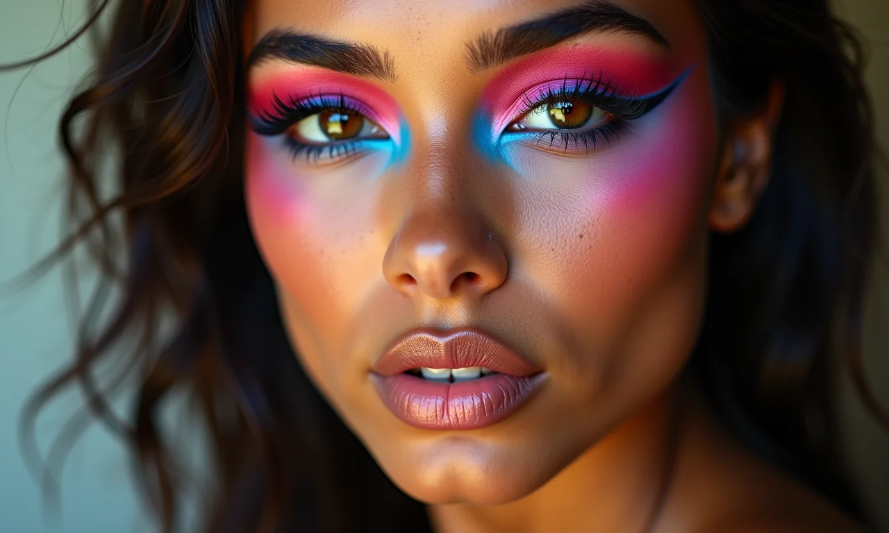 Mulher brasileira com sombra colorida rosa e azul no estilo Y2K.