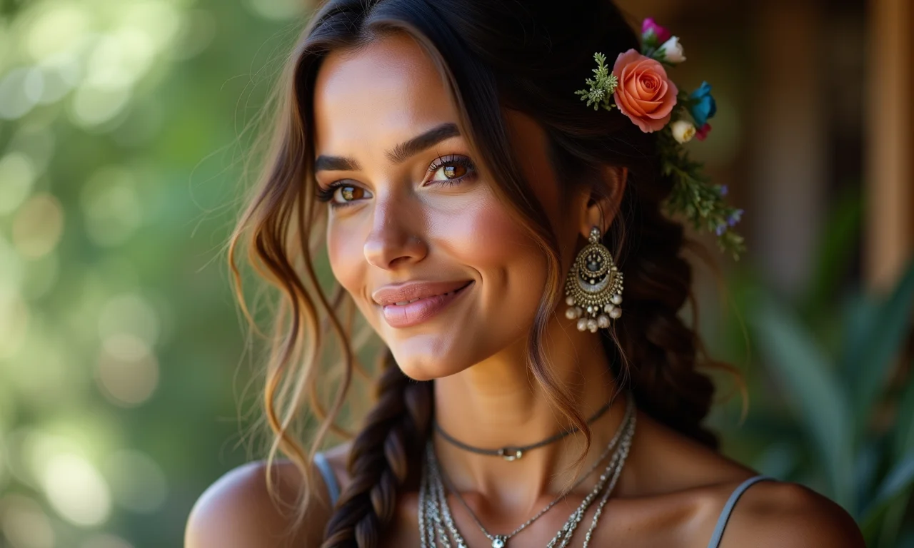 Mulher brasileira com tranças e acessórios de cabelo e rosto.