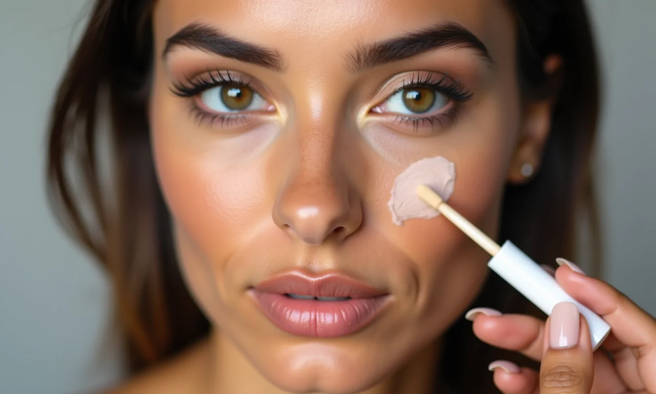 Mulher brasileira corrigindo imperfeições com corretivo.