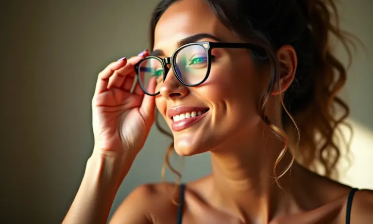 Mulher brasileira de óculos aplicando maquiagem.